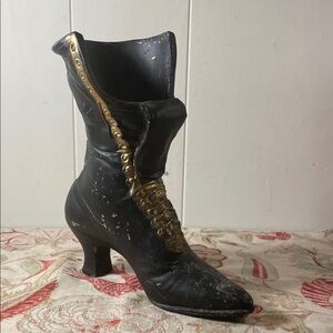 Vintage Cast Metal Victorian Black and Gold Women's Vase or Planter Boot